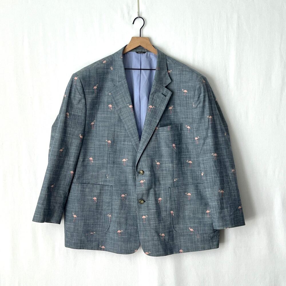 Oak Hill Blazer Mens 2XL Blue Flamingo Print Stretch Sport Coat Jacket Tropical